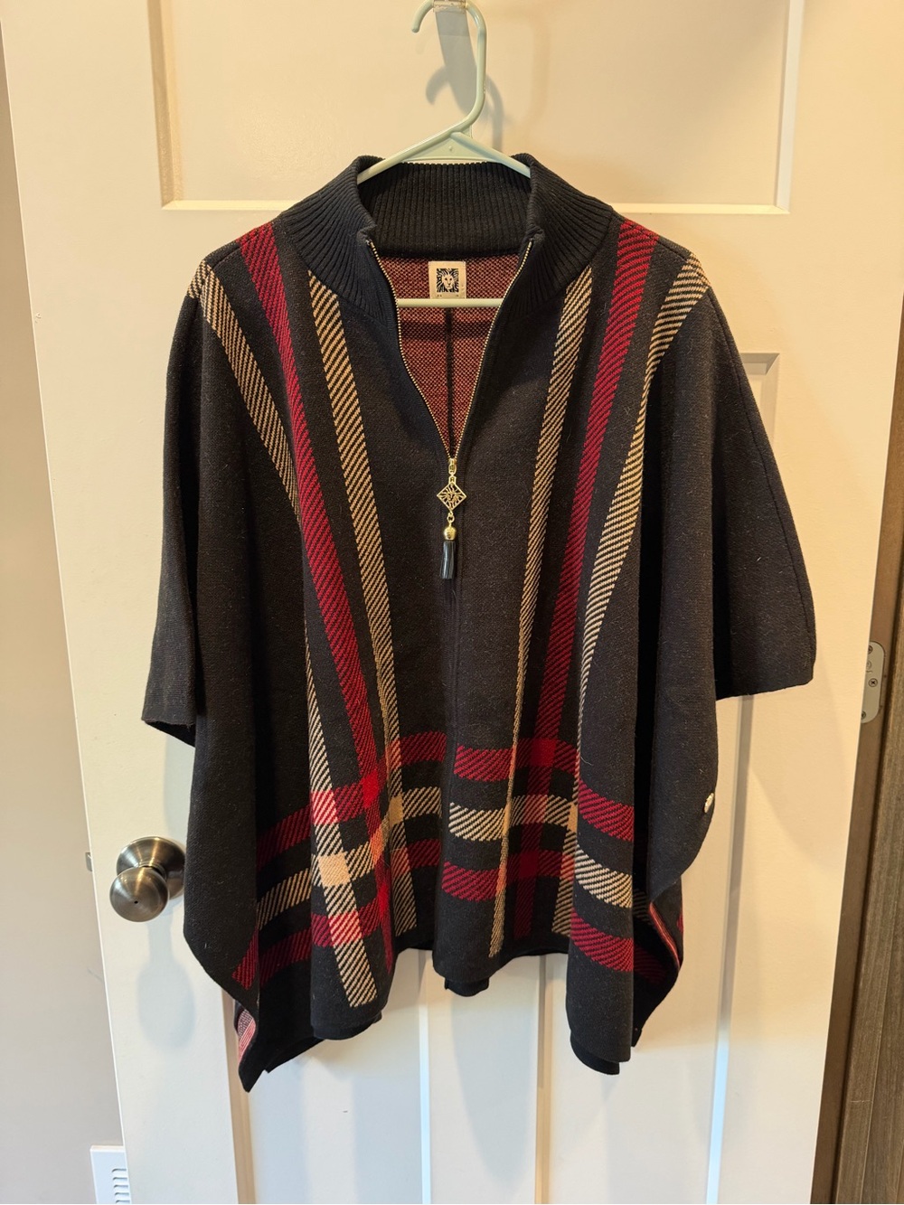Anne Klein Black Knit Poncho with Red and Tan Plaid Stripes